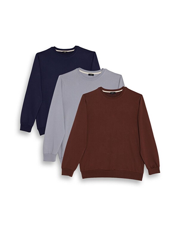 TUDORS Erkek 3'Lü Lacivert-Gri-Kahverengi Relax Fit Rahat Kesim %100 Pamuk 2 İplik Bisiklet Yaka Sweatshirt