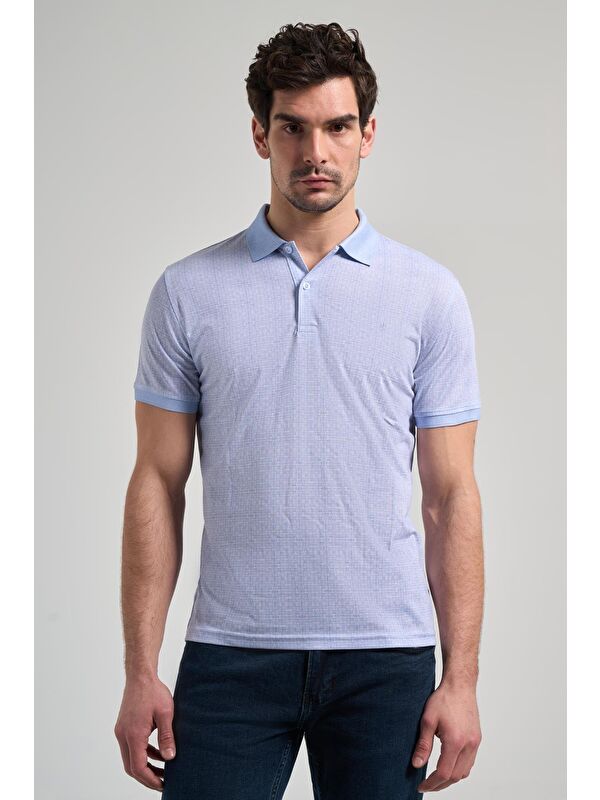 İMZA Koyu Mavi Kısa Kol Baskılı Pike Polo Yaka Cepsiz Esnek Casual Slim Fit Tişört 1011250150