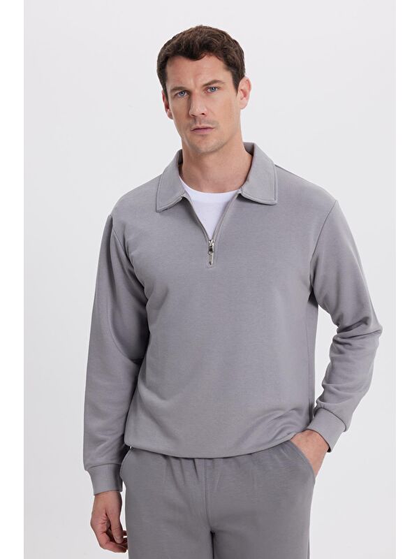 TUDORS Erkek Relax Fit Rahat Kesim Pamuklu 3 İplik Fermuarlı Polo Yaka Gri Sweatshirt