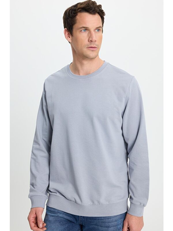 TUDORS Erkek Relax Fit Rahat Kesim %100 Pamuk 2 İplik Bisiklet Yaka Açık Gri Sweatshirt