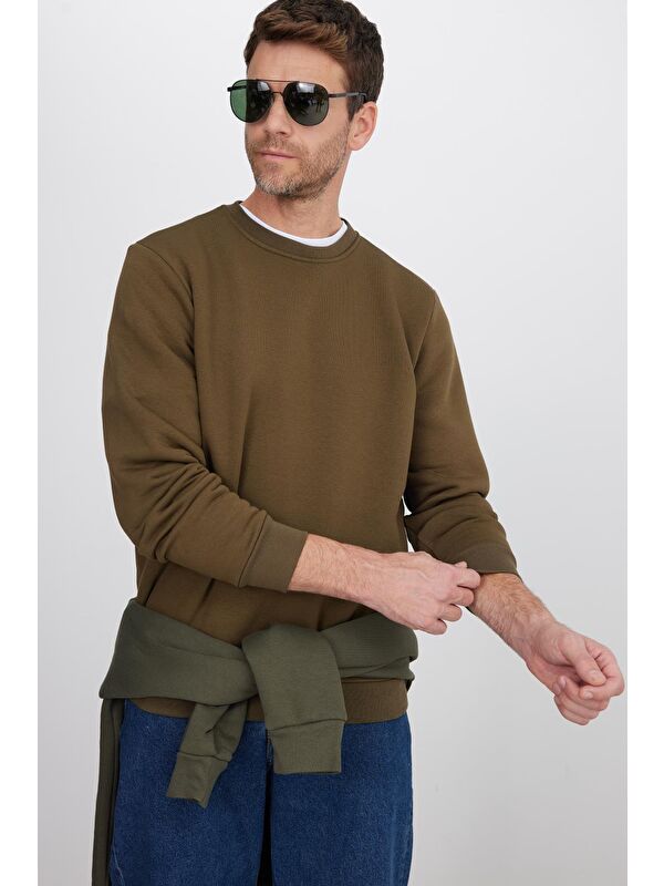 TUDORS Unisex Relax Fit Rahat Kesim Pamuklu 3 İplik İçi Polarlı Yeşil Bisiklet Yaka Sweatshirt