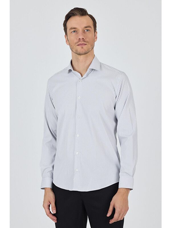 İMZA Uzun Kol Çizgili Desen Bez Ayağı Sert Yaka Cepsiz Esnek Classic Slim Fit Gömlek 1004250159