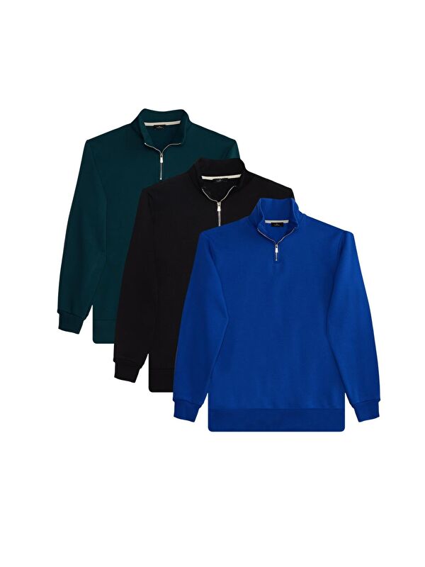 TUDORS Unisex 3'Lü Paket Siyah-Sax Mavi-Yeşil Relax Fit Pamuklu Yarım Fermuarlı Dik Yaka Sweatshirt