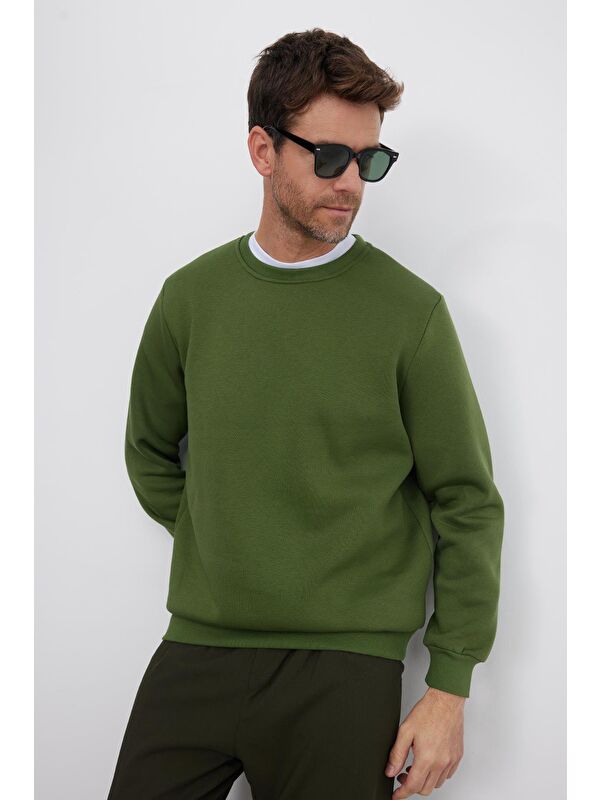 TUDORS Unisex Relax Fit Rahat Kesim Pamuklu 3 İplik İçi Polarlı Basic Yeşil Bisiklet Yaka Sweatshirt