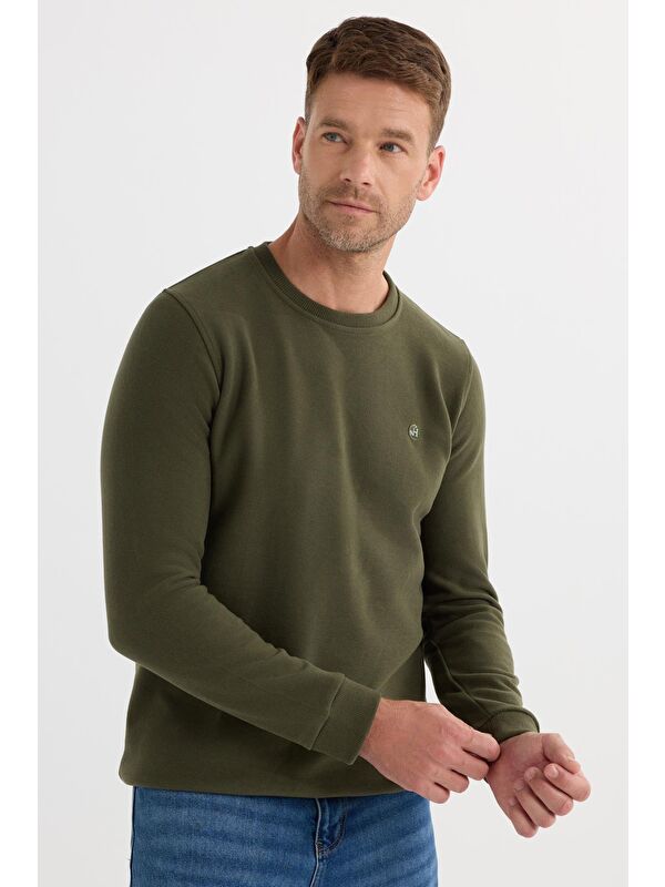 TUDORS Erkek Slim Fit Dar Kesim Pamuklu Selanik Kumaş Bisiklet Yaka Haki Sweatshirt