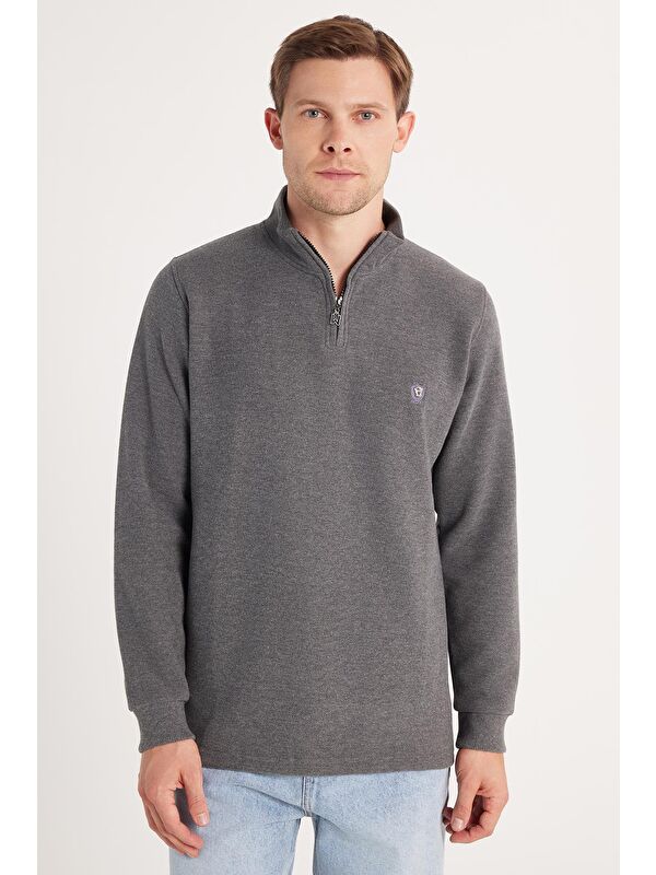 TUDORS Erkek Slim Fit Dar Kesim Pamuklu Selanik Kumaş Yarım Fermuarlı Antrasit Dik Yaka Sweatshirt