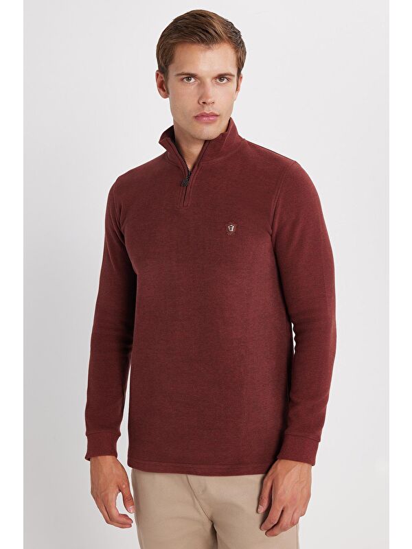TUDORS Erkek Slim Fit Dar Kesim Pamuklu Selanik Kumaş Yarım Fermuarlı Kiremit Dik Yaka Sweatshirt