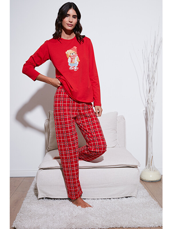 Lela Pamuklu Regular Fit Baskılı Bisiklet Yaka Pijama Takımı 65723313
