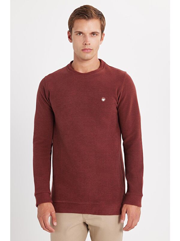 TUDORS Erkek Slim Fit Dar Kesim Pamuklu Selanik Kumaş Bisiklet Yaka Kiremit Sweatshirt