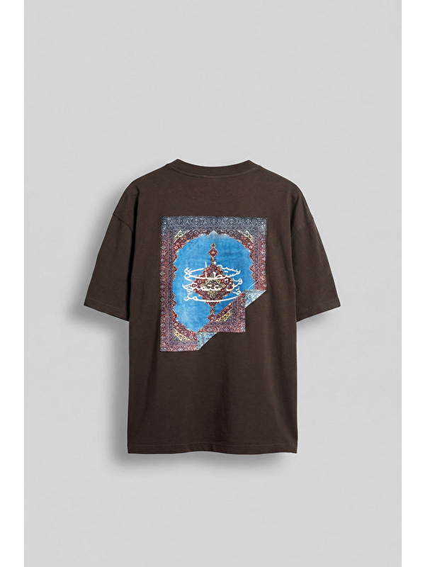 Abluka Online Erkek Sırtı Yamalı Oversize T-Shirt Kahverengi