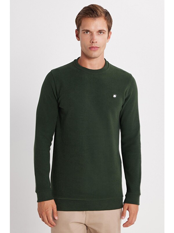 TUDORS Erkek Slim Fit Dar Kesim Pamuklu Selanik Kumaş Bisiklet Yaka Yeşil Sweatshirt