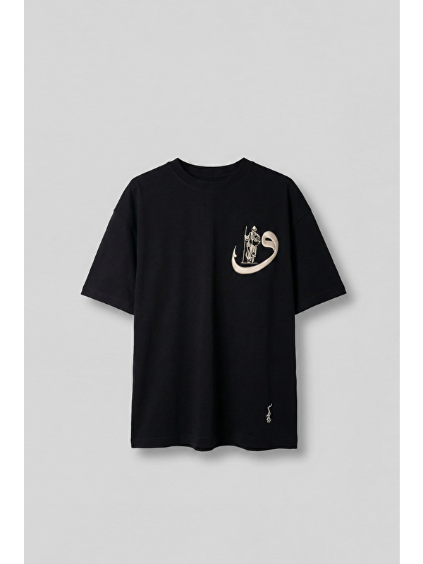 Abluka Online Erkek Oversize Pamuklu Kaligrafi Nakışlı Motif T-Shirt Siyah