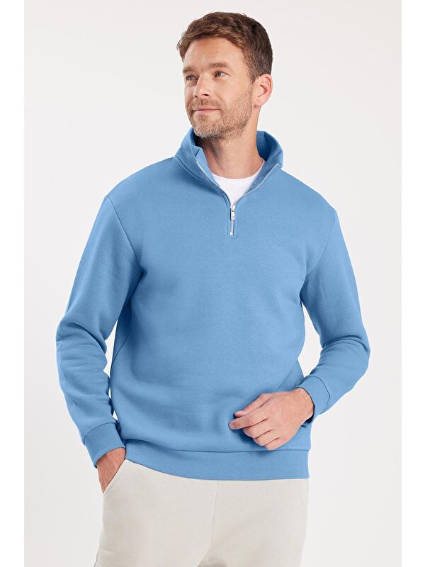 TUDORS Unisex Relax Fit Rahat Kesim Pamuklu İçi Polarlı Yarım Fermuarlı Mavi Dik Yaka Sweatshirt