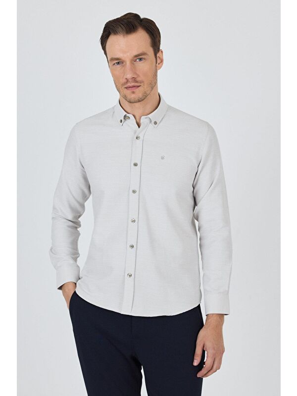 İMZA Uzun Kol Desenli Armürlü Düğmeli Yaka Cepsiz Pamuklu Classic Slim Fit Gömlek 1004250205