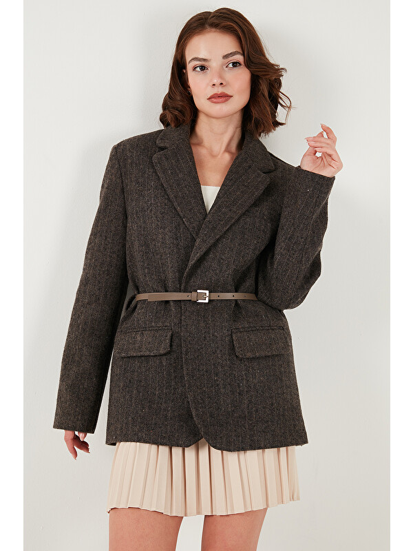 Lela Çizgili Yün Karışımlı Oversize Fit Kruvaze Yaka Kemerli Ceket 6839634