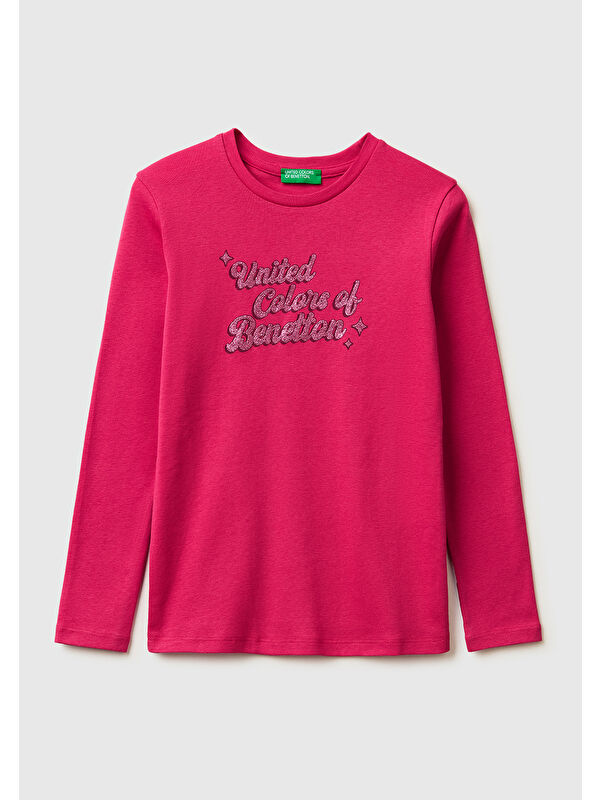 United Colors Of Benetton Kız Çocuk Koyu Pembe Simli Logo Detaylı Bisiklet Yaka Uzun Kollu T-Shirt