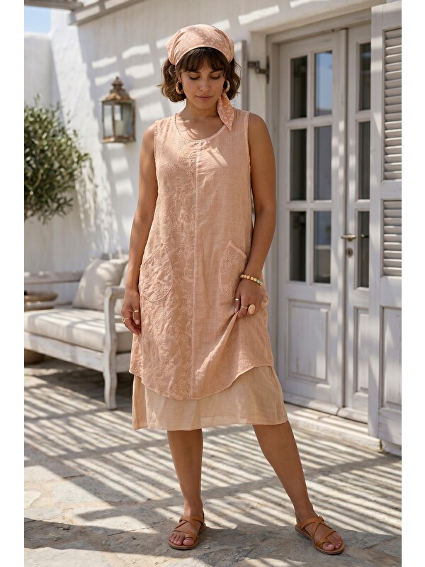 Chiccy Camel Havuz Yaka Kolsuz Cepli Astarlı Brodeli Yıkamalı Casual Pamuklu Dokuma Elbise 115 55