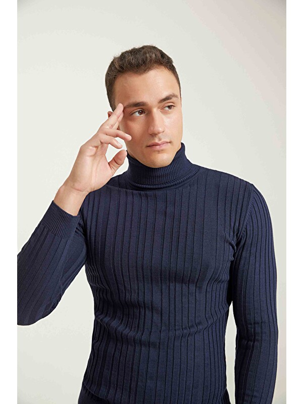 D'S damat Slim Fit Lacivert Fitilli Pamuk Karışımlı Boğazlı Triko Kazak