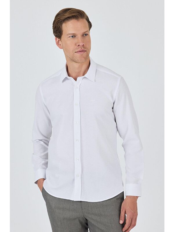İMZA Uzun Kol Desenli Armürlü Sert Yaka Cepsiz Pamuklu Classic Slim Fit Gömlek 1004250191