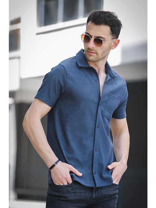 Oksit Theo Slim Fit Esnek Elastanlı Kısa Kol Ayaklı Yaka Erkek Gömlek