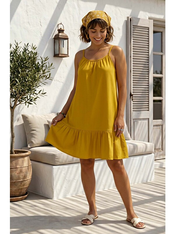 Chiccy Hardal Eteği Fırfırlı Ayarlanabilir Askılı Casual Viskon Standart Dokuma Elbise 95 64
