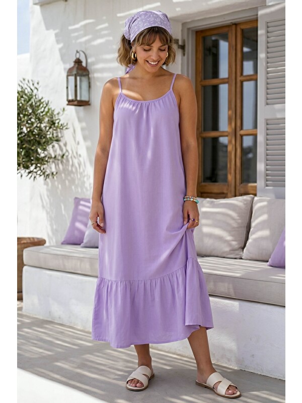 Chiccy Lila Eteği Fırfırlı Ayarlanabilir Askılı Casual Viskon Standart Dokuma Elbise 130 64