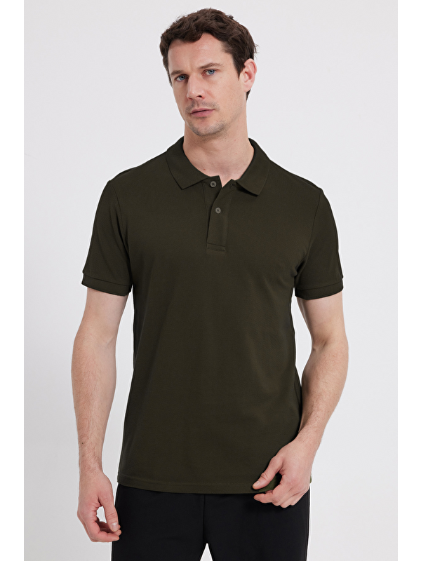TUDORS Erkek Slim Fit Dar Kesim %100 Pamuk Haki Polo Yaka Tişört