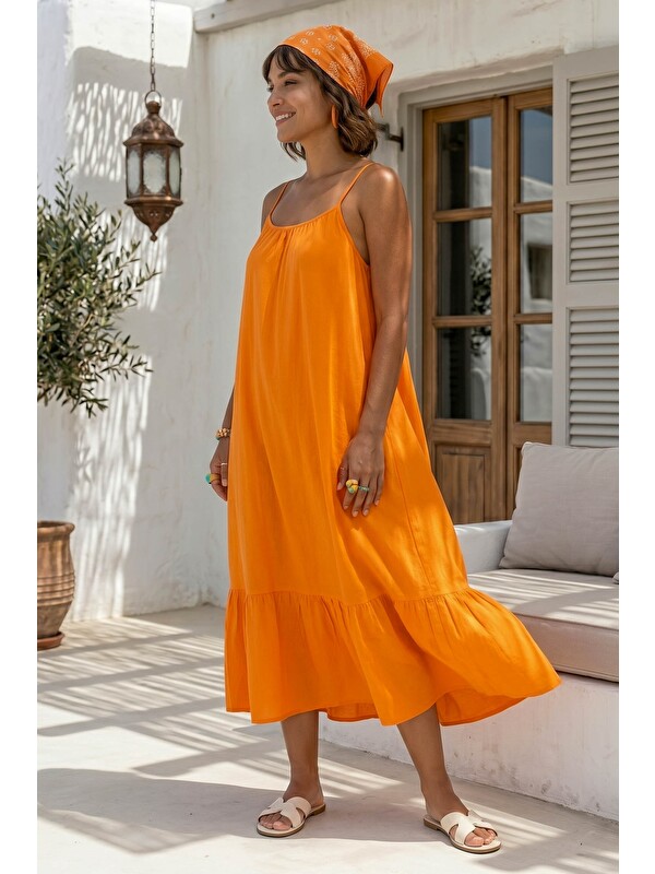 Chiccy Turuncu Eteği Fırfırlı Ayarlanabilir Askılı Casual Viskon Standart Dokuma Elbise 130 64