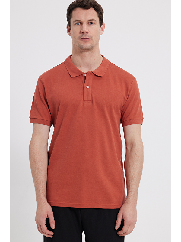 TUDORS Erkek Slim Fit Dar Kesim %100 Pamuk Turuncu Polo Yaka Tişört