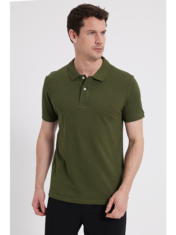 TUDORS Erkek Slim Fit Dar Kesim %100 Pamuk Haki Polo Yaka Tişört