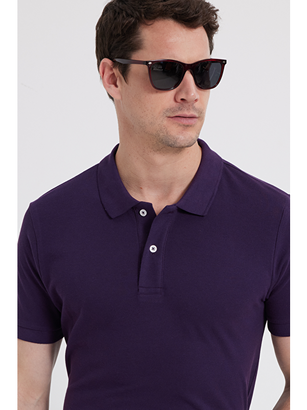 TUDORS Erkek Slim Fit Dar Kesim %100 Pamuk Mor Polo Yaka Tişört