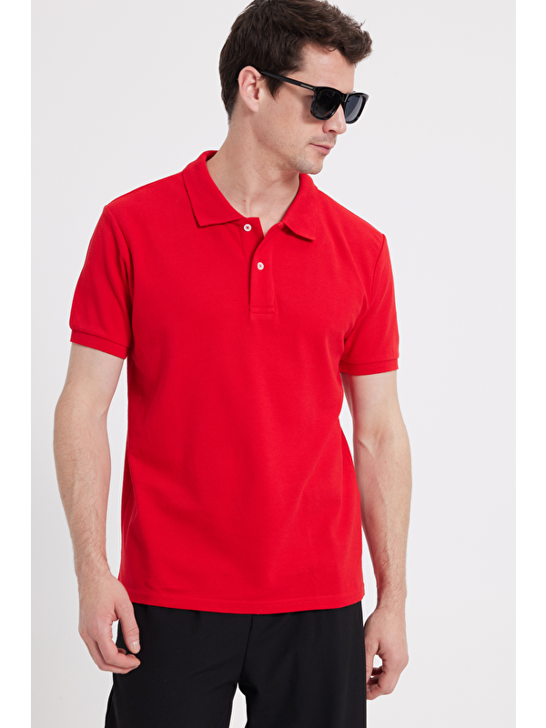 TUDORS Erkek Slim Fit Dar Kesim %100 Pamuk Kırmızı Polo Yaka Tişört