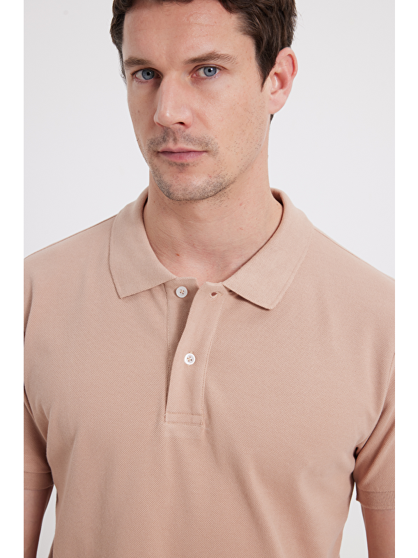 TUDORS Erkek Slim Fit Dar Kesim %100 Pamuk Bej Polo Yaka Tişört