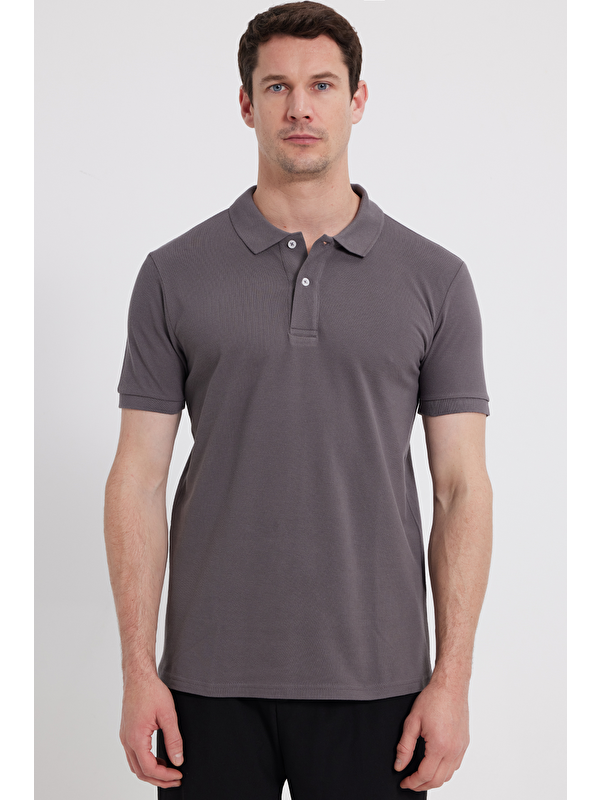 TUDORS Erkek Slim Fit Dar Kesim %100 Pamuk Gri Polo Yaka Tişört