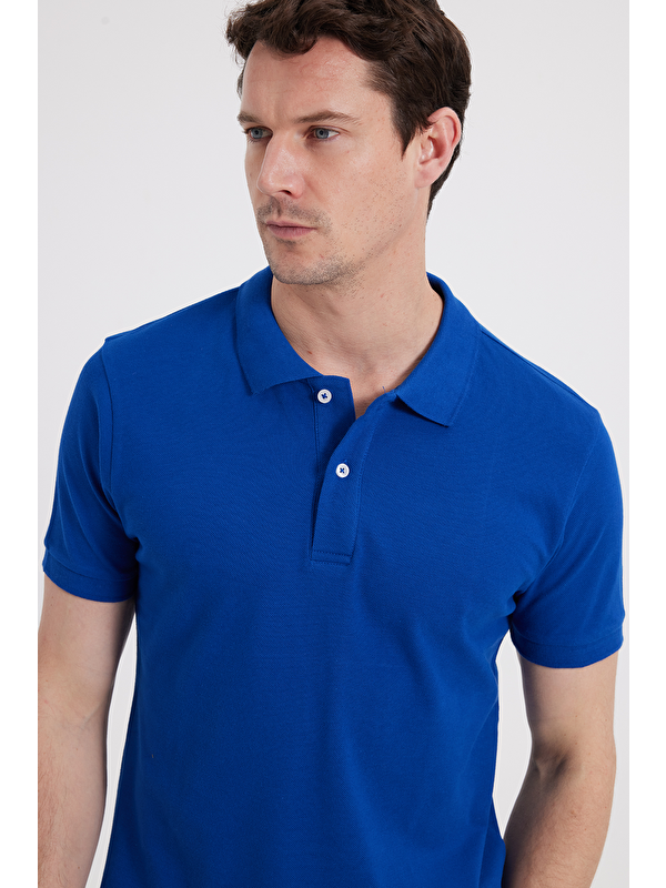 TUDORS Erkek Slim Fit Dar Kesim %100 Pamuk Lacivert Polo Yaka Tişört