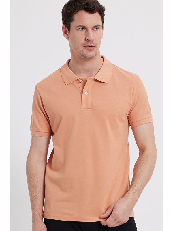 TUDORS Erkek Slim Fit Dar Kesim %100 Pamuk Turuncu Polo Yaka Tişört
