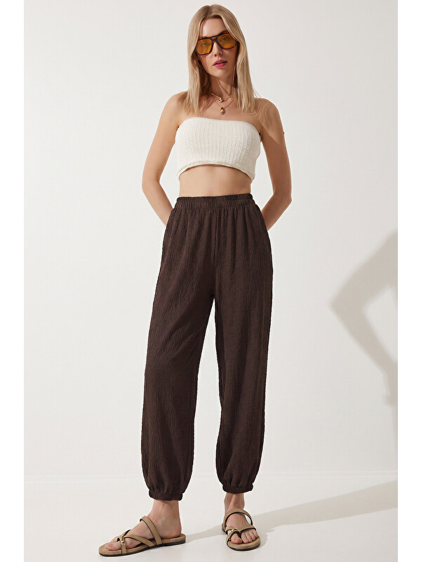 Happiness İstanbul Cepli Rahat Krinkıl Şalvar Pantolon KAHVERENGİ LFW0024