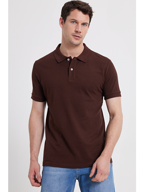 TUDORS Erkek Slim Fit Dar Kesim %100 Pamuk Kahverengi Polo Yaka Tişört