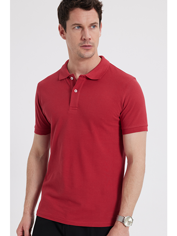 TUDORS Erkek Slim Fit Dar Kesim %100 Pamuk Kırmızı Polo Yaka Tişört