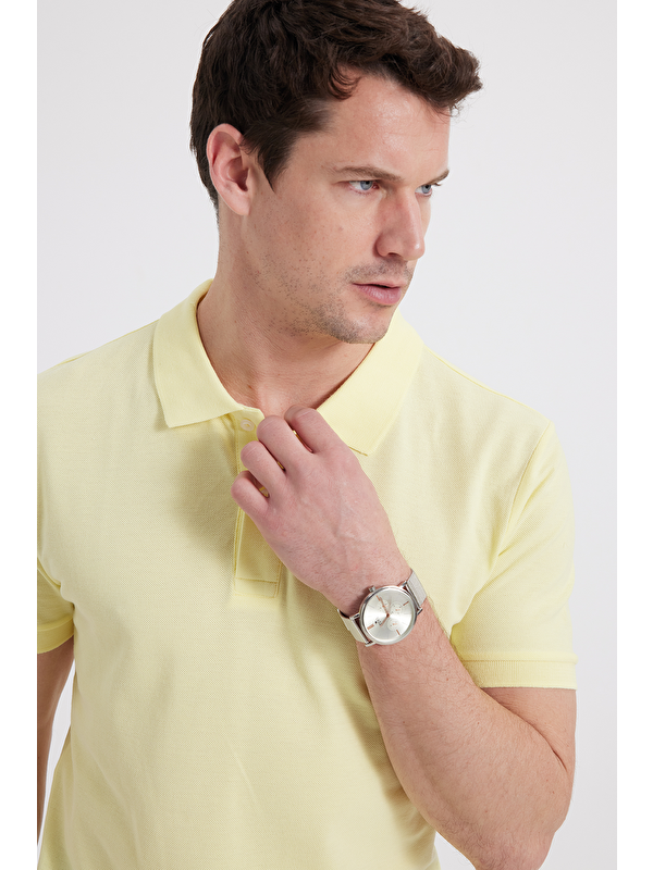 TUDORS Erkek Slim Fit Dar Kesim %100 Pamuk Sarı Polo Yaka Tişört