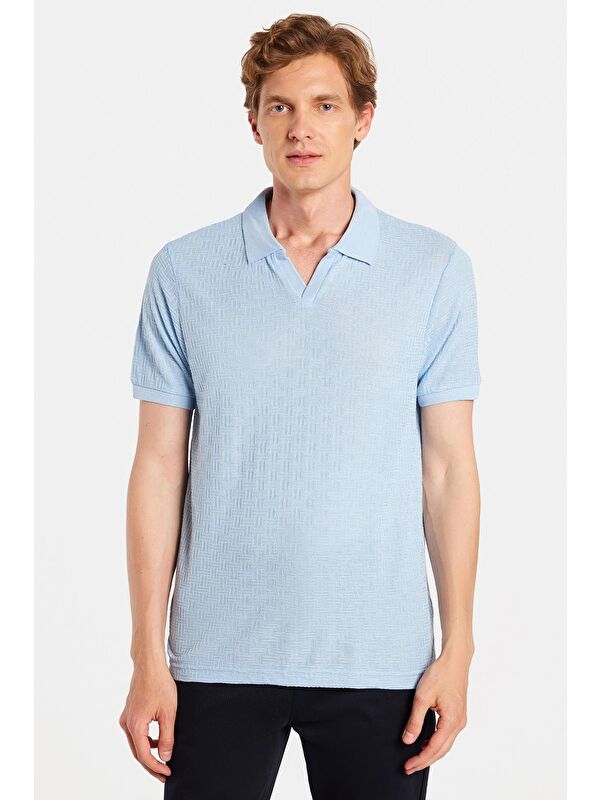 TUDORS Erkek Slim Fit Dar Kesim Viskon Kumaş Desenli Düz Pike Düğmesiz Açık Mavi Polo Yaka Tişört