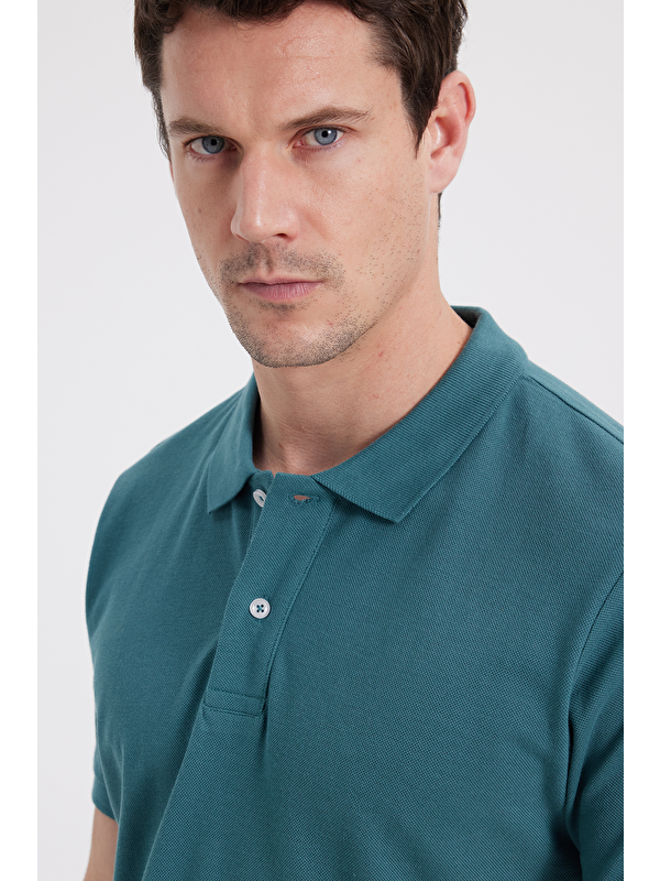 TUDORS Erkek Slim Fit Dar Kesim %100 Pamuk Yeşil Polo Yaka Tişört