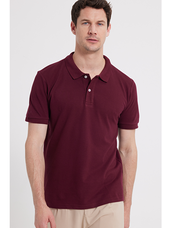 TUDORS Erkek Slim Fit Dar Kesim %100 Pamuk Bordo Polo Yaka Tişört