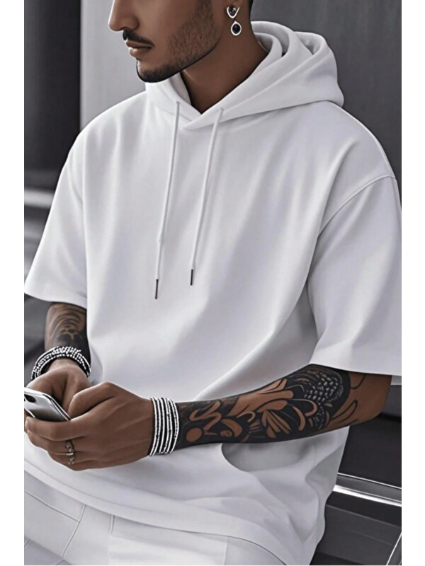 Tarz Cool Erkek Oversize Kısa Kollu Kapüşonlu Tişört Sweatshirt