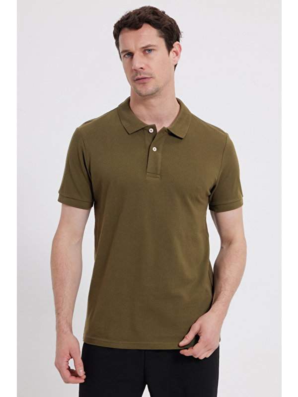 TUDORS Erkek Slim Fit Dar Kesim %100 Pamuk Haki Polo Yaka Tişört