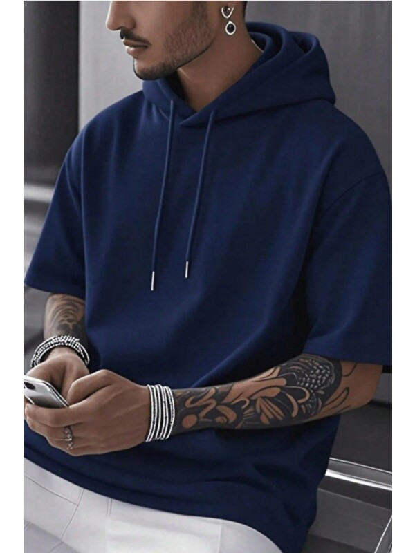 Tarz Cool Erkek Oversize Kısa Kollu Kapüşonlu Tişört Sweatshirt
