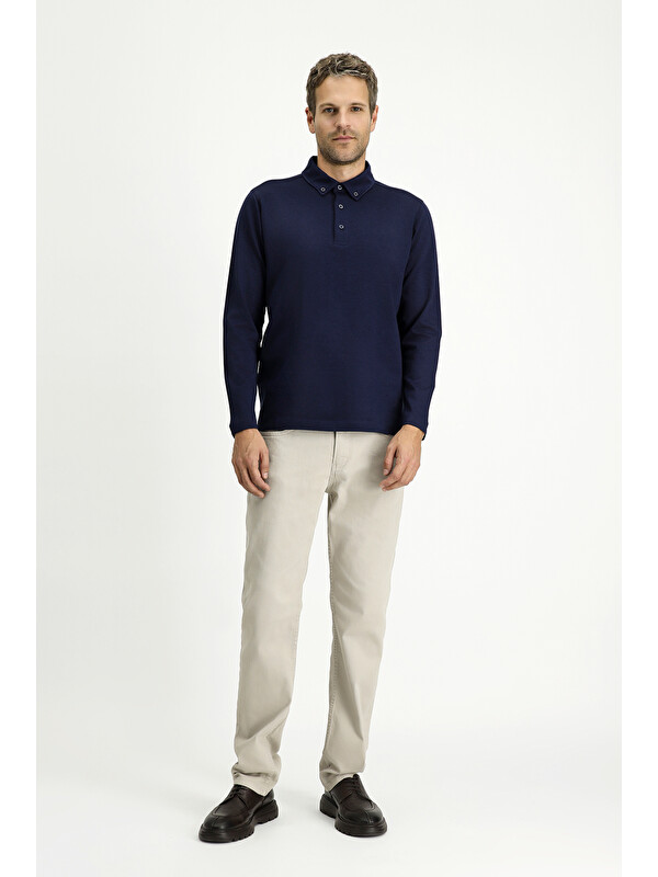 Kiğılı Polo Yaka Regular Fit Çizgili Pamuk Sweatshirt