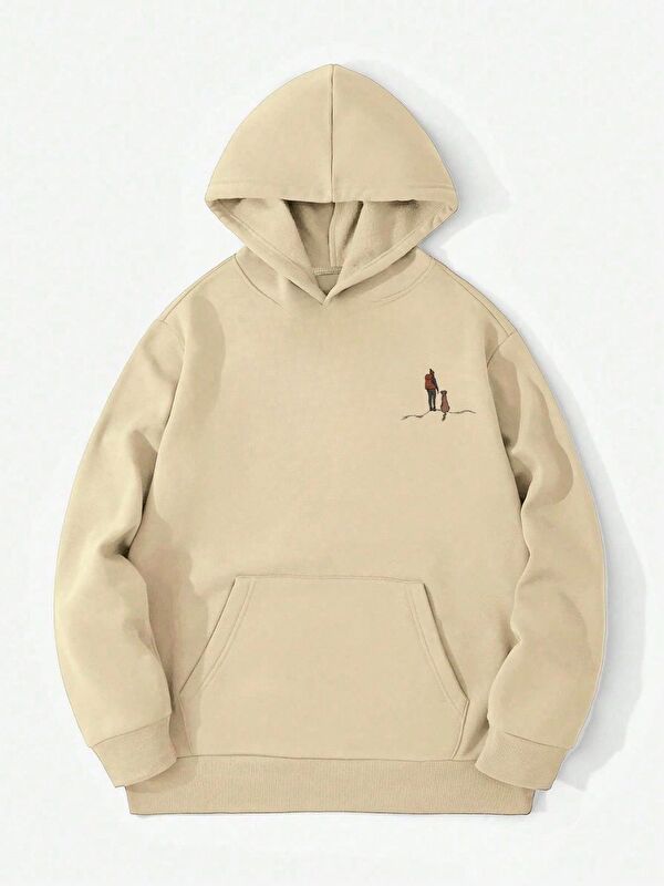 Trendseninle Unisex Mountaineering Özel Baskı Pamuklu Oversize Kapüşonlu Sweatshirt Bej