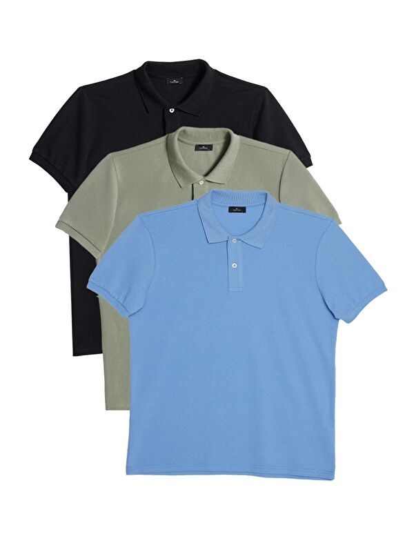 TUDORS Erkek 3'Lü Paket Siyah-Haki-Açık Mavi Slim Fit Dar Kesim Pamuklu Düz Pike Polo Yaka Tişört