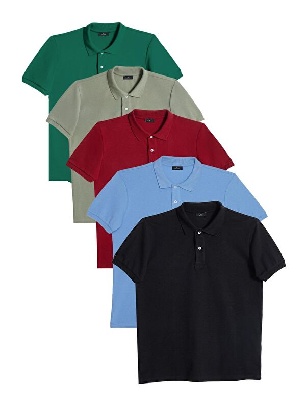 TUDORS Erkek 5'Li Paket Siyah-Yeşil-Mavi-Bordo-Haki Slim Fit Pamuklu Düz Pike Polo Yaka Tişört